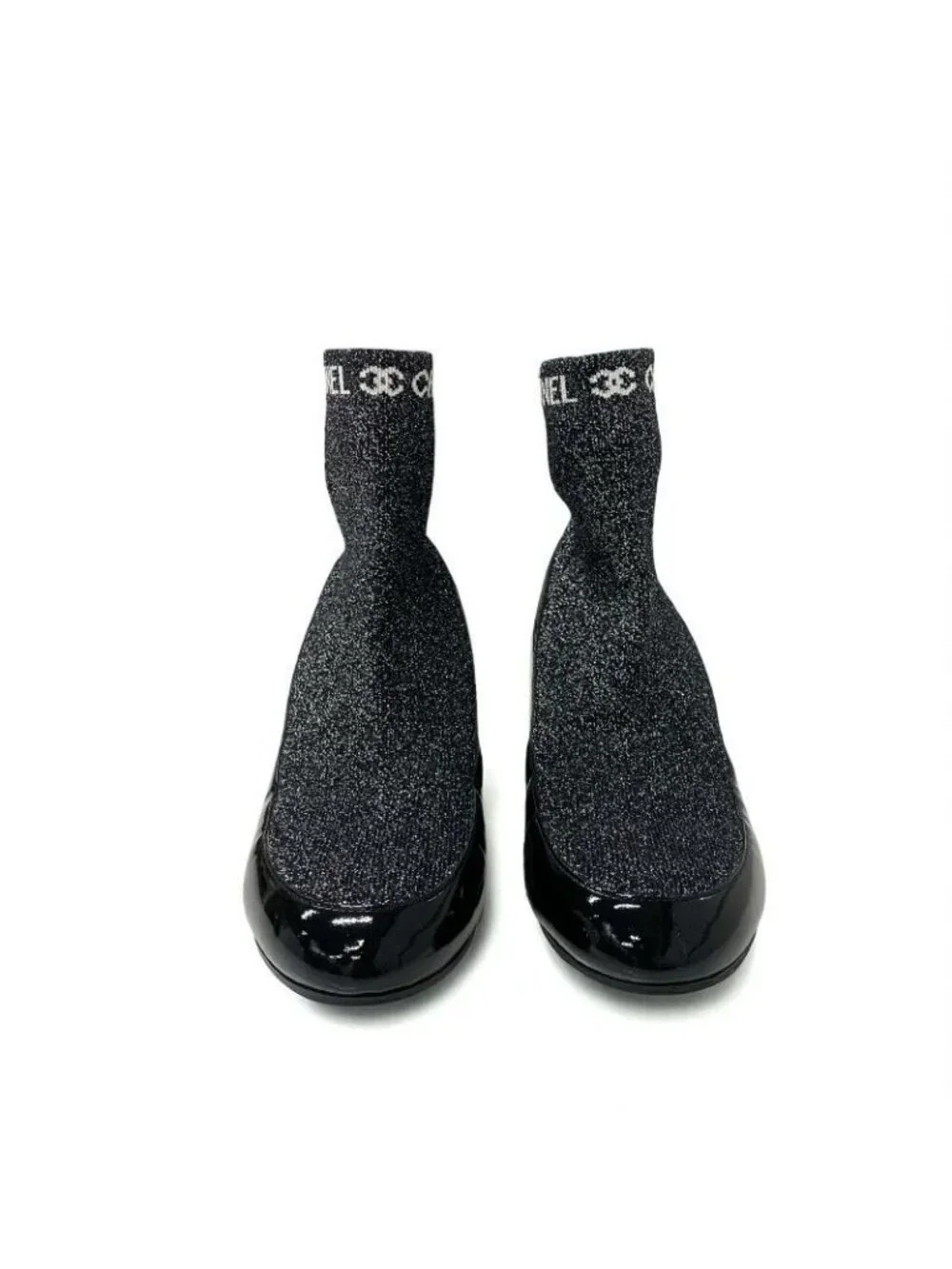 Chanel Boots Short Shoes Patent Fabric Black Silver Coco Mark Lame Sock - Picture 3 of 10